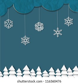 Blue Background With Paper Snowflakes And Christmas Trees