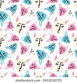 A blue background with a pattern of cat faces. The faces are in different colors and sizes. Scene is playful and whimsical