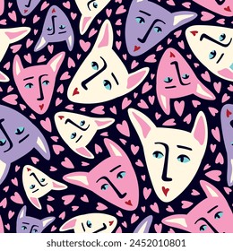 A blue background with a pattern of cat faces. The faces are in different colors and sizes. Scene is playful and whimsical