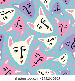 A blue background with a pattern of cat faces. The faces are in different colors and sizes. Scene is playful and whimsical
