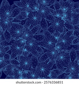 Blue background with a pattern of flowers. The stars are scattered throughout the image, with some larger and some smaller