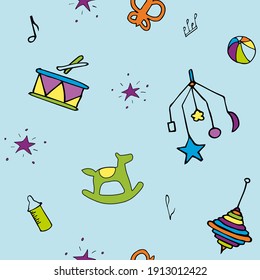 Blue background pattern with kids toys and feeding bottle, stars and sheet music, balls and drum, horse. Vector illustration. Design for wallpaper and wrapping, fabric and textile.