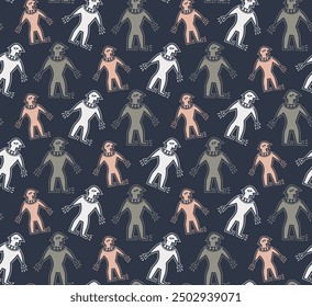 a blue background with a pattern of monkeys and a blue background with a man pointing at the viewer.