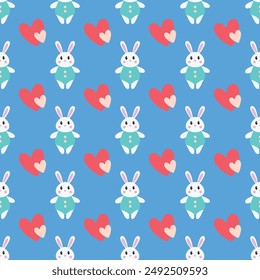 A blue background with a pattern of rabbits and hearts. The rabbits are in various sizes and colors, and the hearts are red. Scene is playful and whimsical