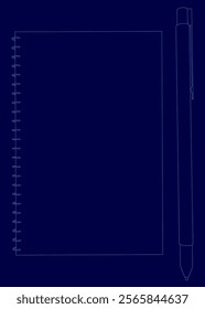 Blue background with a pen and notebook on it. The pen is on the right side of the background