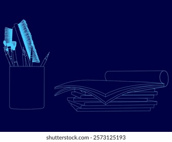 Blue background with a pencil holder and a stack of papers. The pencil holder is filled with pencils, pens, and a brush