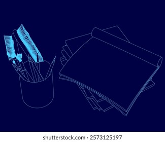 Blue background with a pencil holder and a stack of papers. The pencil holder has a blue brush and a blue pen