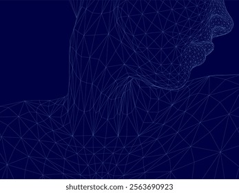 Blue background with a person in the middle. The person is surrounded by a lot of dots