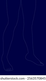 Blue background with a person's legs drawn in black. The legs are drawn in a way that they appear to be in motion, with the feet and ankles outlined in blue