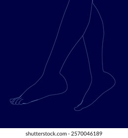 Blue background with a person's legs drawn in blue. The legs are shown in a stylized way, with the feet and toes outlined in blue and the rest of the leg