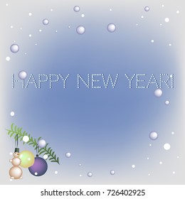 blue background with pine branch and Christmas balls, vector illustration