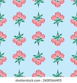A blue background with pink flowers in the foreground. The flowers are arranged in a pattern and are of different sizes. Scene is cheerful and bright