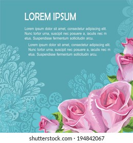 blue background with pink roses for text. vector