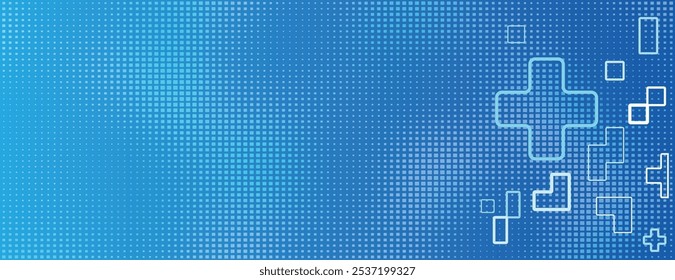 Fondo azul con una textura pixelada. El fondo presenta un degradado azul con Formas geométricas abstractas. Fondo abstracto mínimo del gradiente del semitono, gráfico del Vector de la atención sanitaria.