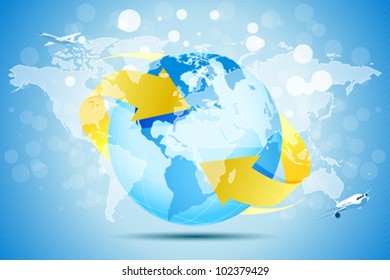 Blue Background with Planet Earth, World Map and Aircraft