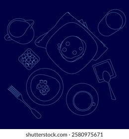 A blue background with a plate of food and a cup of coffee. The plate has a cookie and a fork