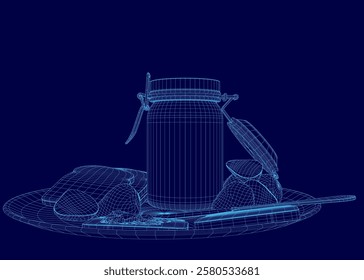 Blue background with a plate of food on it. The plate has a cup, a spoon, and a piece of toast