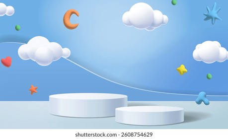 Blue background with podium and cartoon cloud scene, minimal product display 3d rendered geometric shape sky, Stage and cartoon elements