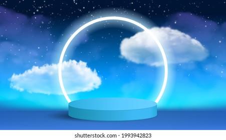 Blue Background with podium and cloud scene, minimal product Stage display background. Geometric shape. Night Blue Sky. product platform. 3d vector illustration.