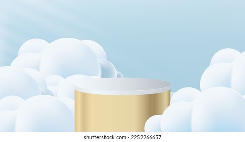Blue background with podium surrounded by blue clouds. Realistic golden blank product podium. Vector illustration