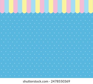 Blue background with polka dot, stripes and pastel color for wallpapers, themes, banners, cards, flyers and social media. Cute blue wallpaper. Pink, blue and yellow stripes on top.