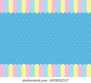 Blue background with polka dot  stripes and pastel color for wallpapers  themes  banners  cards  flyers and social media. Cute blue wallpaper. Pink  blue and yellow stripes on top and bottom.