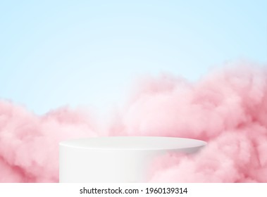 Blue background with a product podium surrounded by pink clouds. Smoke, fog, steam background. Vector illustration EPS10