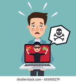 blue background programmer man with laptop and thief man hacker stealing against security