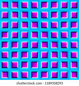 Blue background with purple squares. Optical illusion of movement. Seamless pattern.