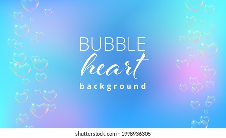 Blue background with rainbow colored heart-shaped soap bubbles for Valentine card. Vector illustration