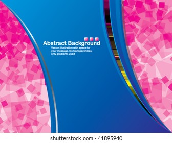 Blue background with random transparent pink squares. Vector illustration.