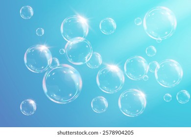 Blue background with realistic air bubbles. Ray from the sun. Rainbow soap bubbles on a transparent background.