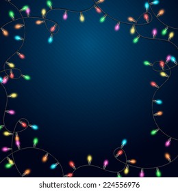Blue background with realistic garland. Vector illustration.