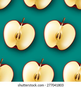 Blue background with realistic half red apple, vector bright seamless pattern