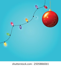 Blue background Red ball Merry Christmas Happy New Year's multi-colored lights Copy space Greeting card Poster Banner Shining design Winter December mood Xmas Square template