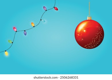 Blue background Red ball Merry Christmas Happy New Year's multi-colored lights Copy space Greeting card Poster Banner Shining design Winter December mood Xmas template