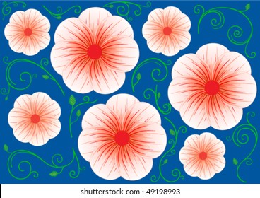 Blue background of red big flowers, green curls and leaves