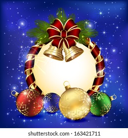 Blue background with red bow, Christmas bells and baubles, illustration.