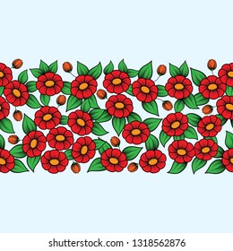 Blue background with red daisy flower bouquets pattern. Horizontal seamless floral pattern wallpaper