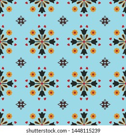 Blue Background and red flower geometrical vector seamless pattern