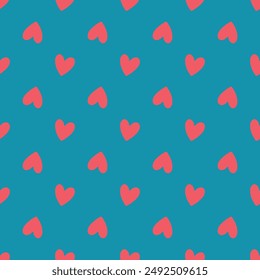 A blue background with red hearts in various sizes. The hearts are scattered throughout the image, creating a sense of movement and energy. Scene is playful and cheerful