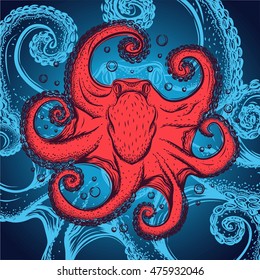 Blue background with red octopus. 