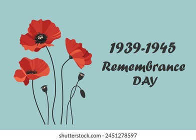 Blue background with red poppy flowers and text. Vector illustration for Remembrance day, Victory Day, Anzac day