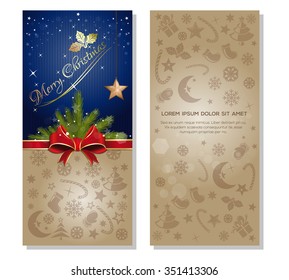 Blue background with red ribbon and bow. Design elements for Christmas and New Year. Vector Christmas card.