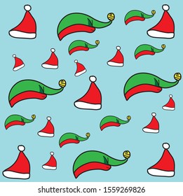 Blue background with red and white santa hats Green Elf Hat Red Yellow Bell Christmas.