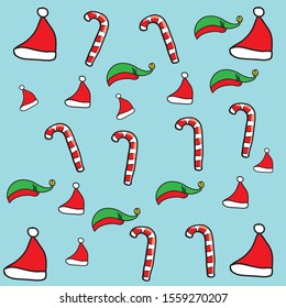 Blue background with red and white santa hats Green Elf Hat, Red Bell, Yellow Christmas Candy.