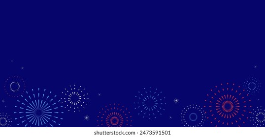 Fondo azul con fuegos artificiales de Vector rojo, blanco y azul. Celebración del Día de la Independencia Americana