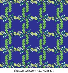 blue background with repeated green abstract floral pattern