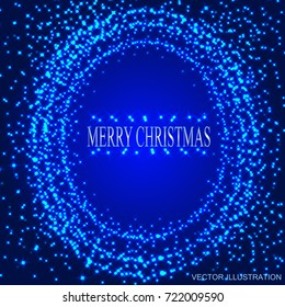 Blue background with round frame from stars. Bright illustration for holidays merry christmas and new year. Vector illustration.