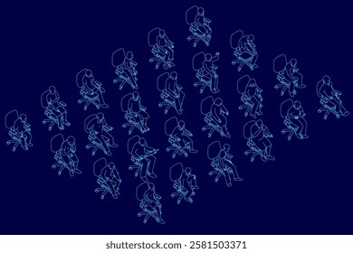 A blue background with a row of chairs and people sitting on them. The chairs are all same sizes and colors